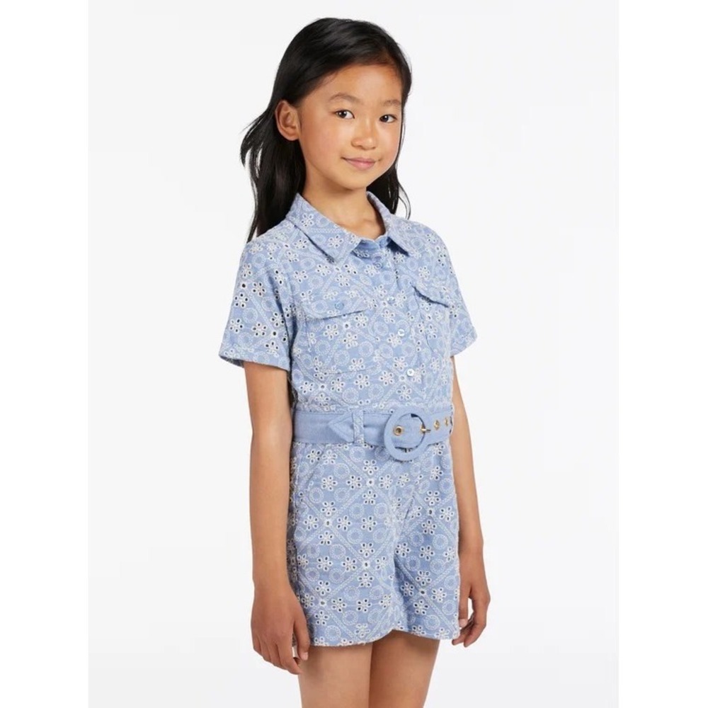 Guess Girl Blue Eyelet Romper Floral Embroidery Short Sleeve Button Front Size 7